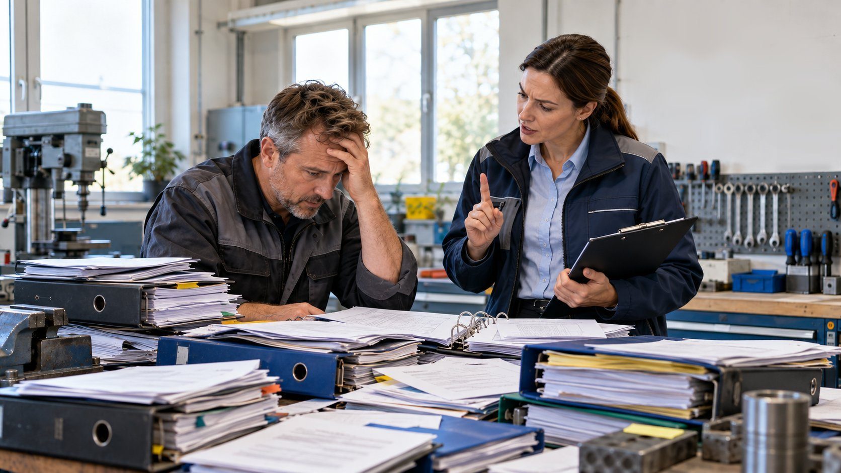 Eine Aufsichtsperson mit Klemmbrett weist einen Unternehmer in seiner Werkstatt auf fehlende Unterlagen hin, der Tisch ist voller Ordner