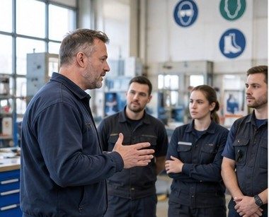 Sicherheitsunterweisung einer Gruppe in der Werkhalle