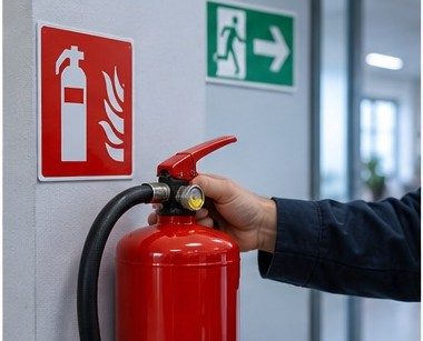 Feuerlöscher an der Wand mit Brandschutz- und Fluchtwegzeichen