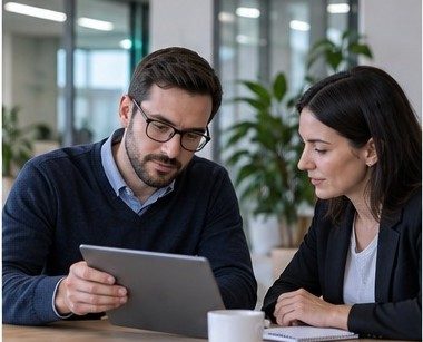 Führungskraft bespricht eine Checkliste auf dem Tablet