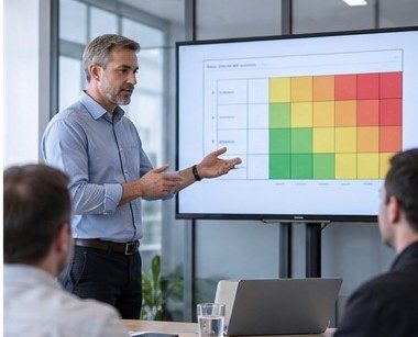 Teamleiter präsentiert eine Risikomatrix