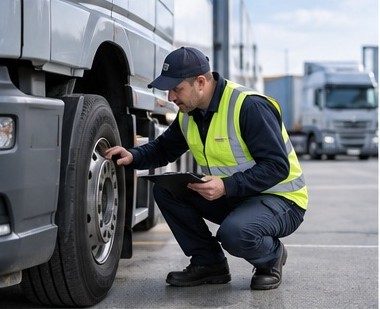 Lkw-Fahrer bei der Abfahrtskontrolle am Reifen