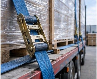 Zurrgurt mit Ratsche sichert Paletten auf der Ladefläche