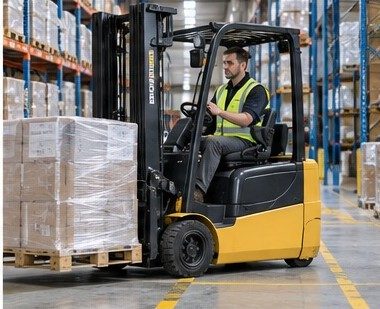 Staplerfahrer transportiert eine Palette im Lager