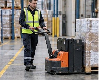 Mitarbeiter führt einen elektrischen Hubwagen durch das Lager