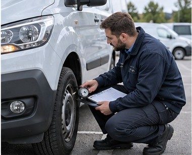 Mitarbeiter prüft den Reifendruck am Dienstfahrzeug