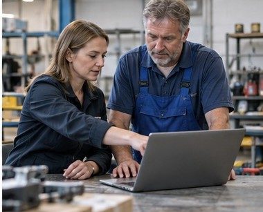 Sicherheitsfachkraft und Unternehmer planen gemeinsam am Laptop