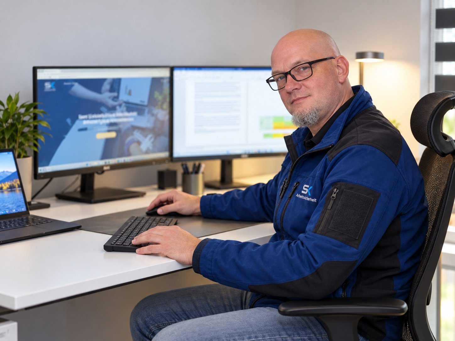 Stefan Kynast in SK-Arbeitssicherheit-Jacke an seinem Arbeitsplatz im Büro