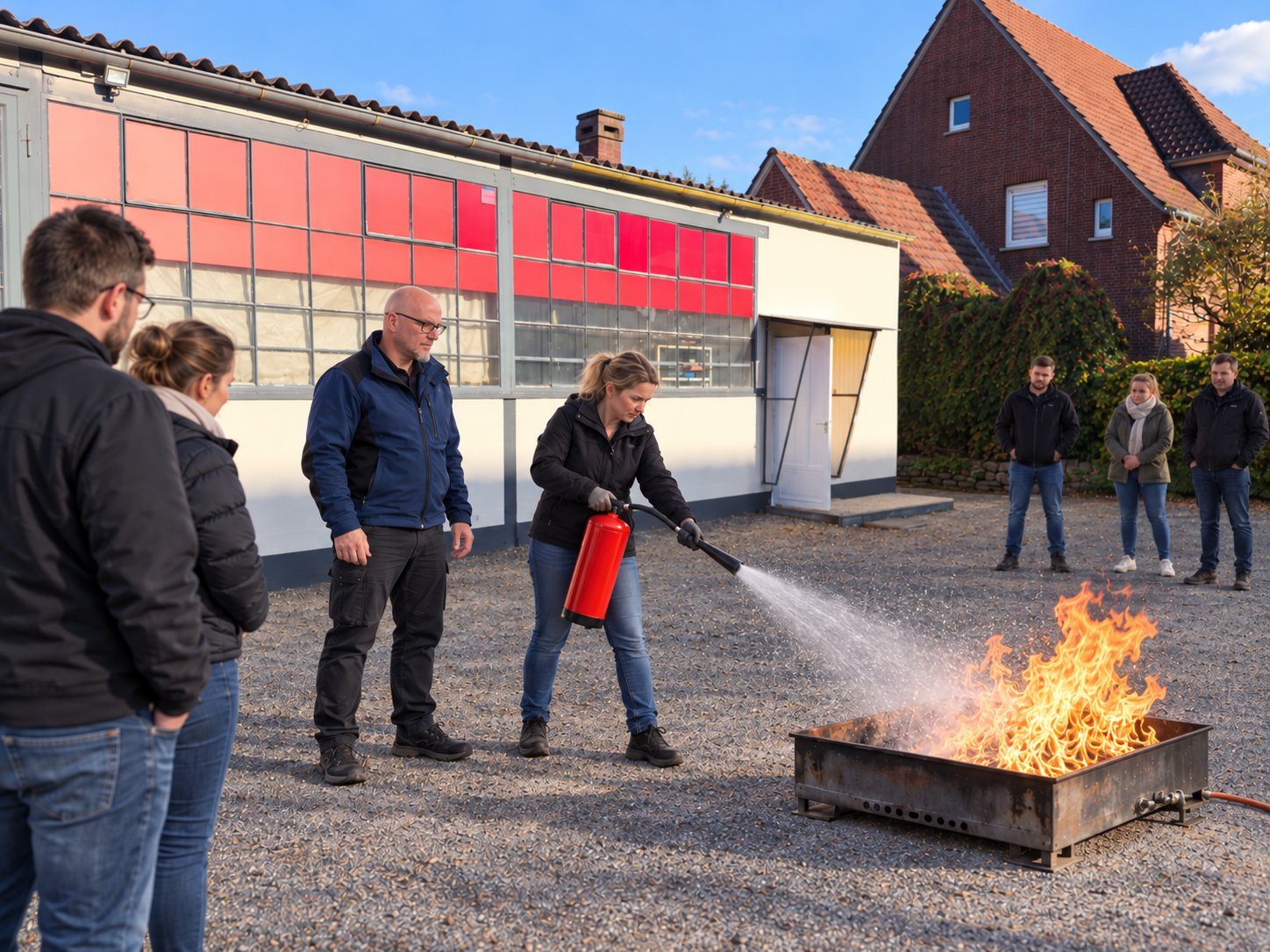 Praktische Löschübung: Eine Teilnehmerin löscht unter Anleitung ein Feuer in der Brandwanne, die Gruppe schaut zu